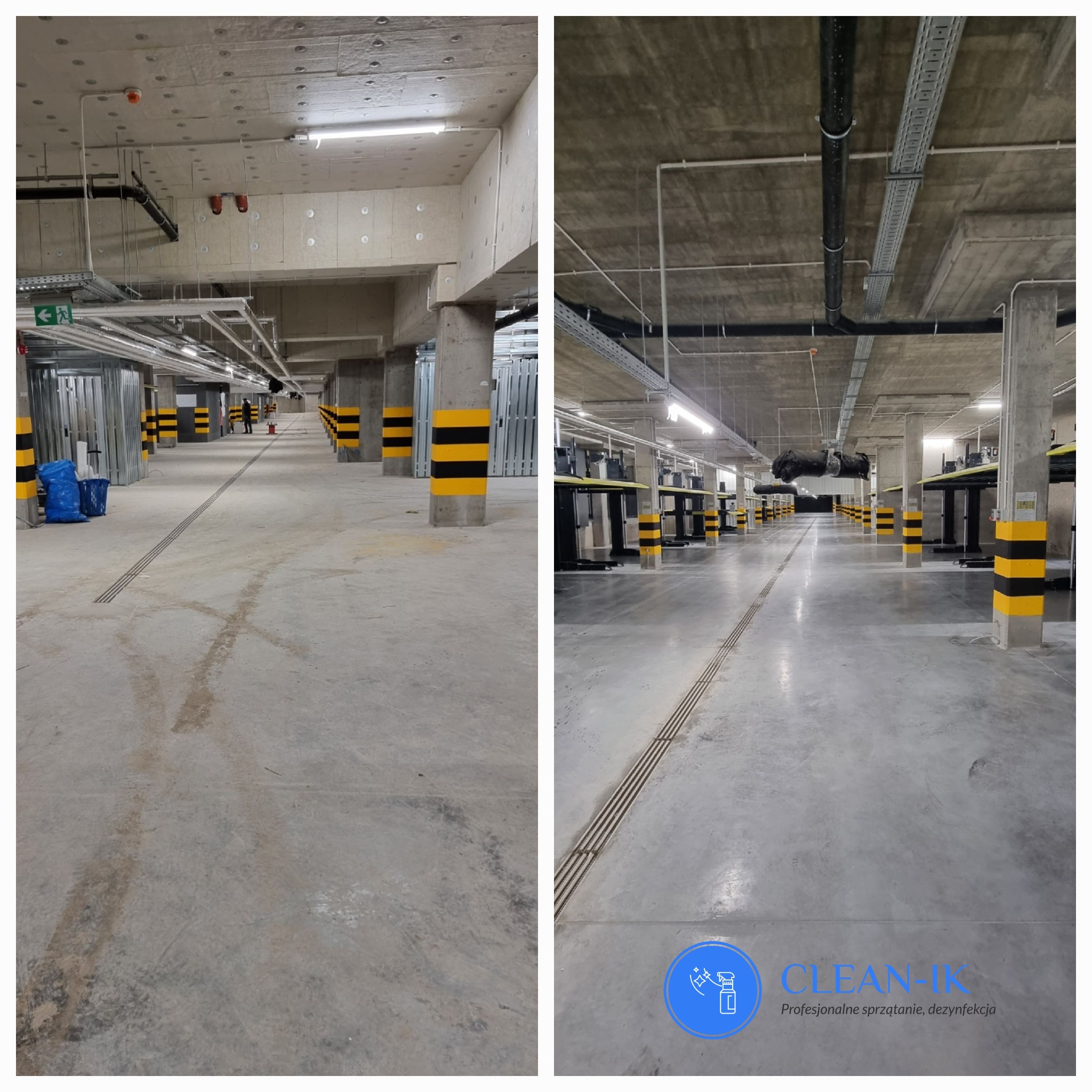 Długi betonowy korytarz w garażu podziemnym po umyciu, widoczne ślady po oponach na posadzce, słupy oznaczone żółto-czarnymi pasami, logo firmy sprzątającej w prawym dolnym rogu.