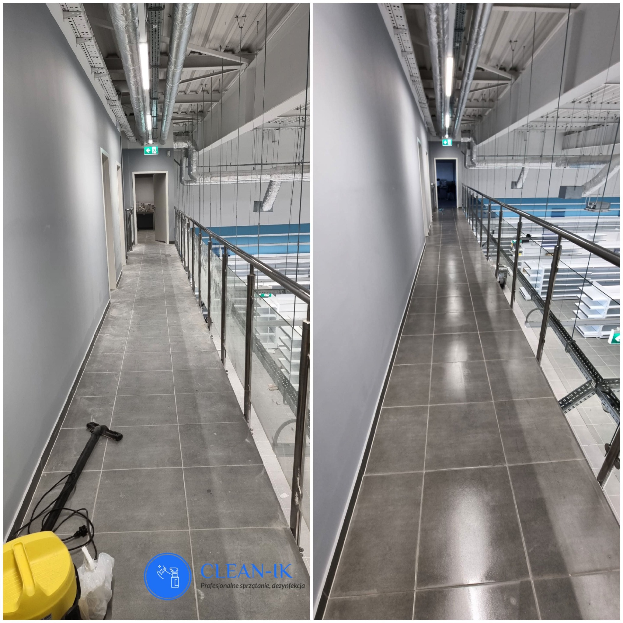 Korytarz biurowy z szarą podłogą z płytek, widok z góry na odkurzacz przemysłowy stojący przy ścianie i połyskujące czyste płytki po prawej stronie kadru.