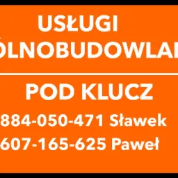 Pomarańczowe tło z białym tekstem: Usługi ogólnobudowlane pod klucz, numery telefonów i imiona Sławek i Paweł.