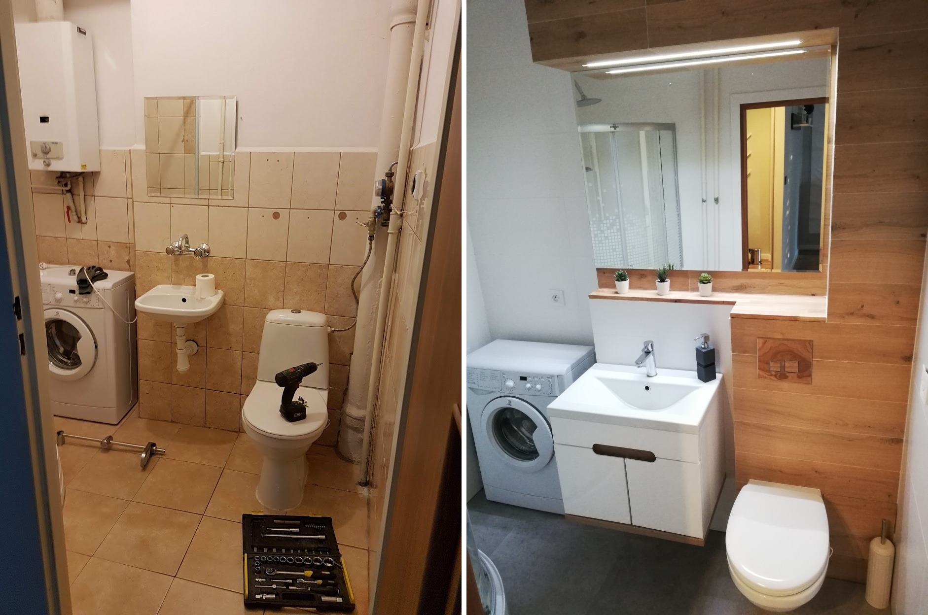 Porównanie łazienki przed i po remoncie: po lewej stronie widok starej łazienki z beżowymi płytkami, pralką, toaletą z wiertarką na desce i otwartym zestawem narzędzi na podłodze; po prawej...