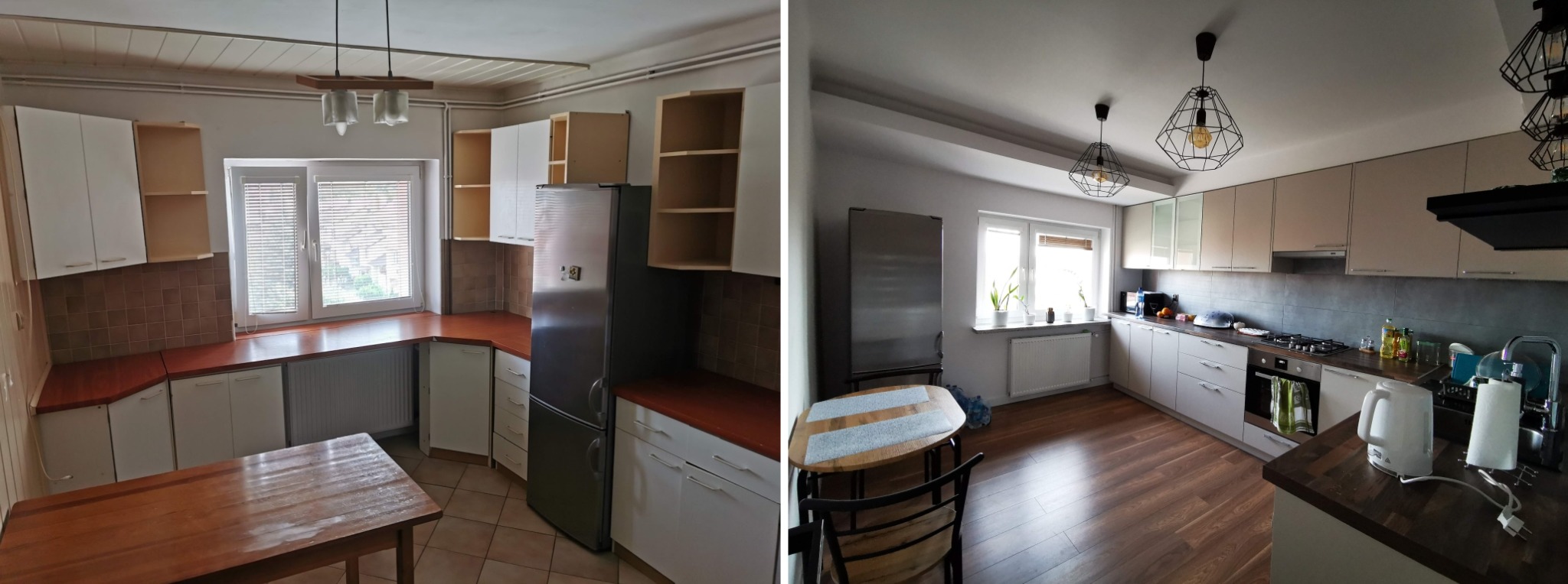 Porównanie kuchni przed i po remoncie: po lewej stronie stara kuchnia z brązowymi płytkami i drewnianym stołem, po prawej odnowiona kuchnia z drewnianą podłogą, nowoczesnym oświetleniem i nowymi...