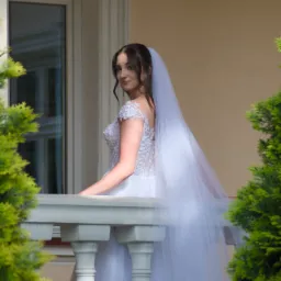 Panna młoda w koronkowej sukni i długim welonie, stojąca na balkonie z białymi balustradami, spogląda przez ramię na fotografa.