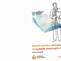 Ilustracja przedstawiająca lekarza z stetoskopem, obok łóżka szpitalnego, nad tekstem 'Szeroki wachlarz zabezpieczeń na wypadek poważnych chorób. Pakiet Zdrowotny' i logo Nationale Nederlanden.