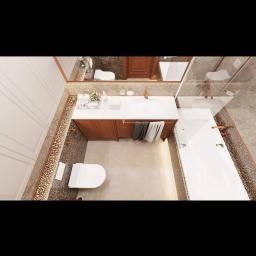 Tilmon Damian Piaseczny - Widok z góry na luksusową łazienkę z elementami drewna, kamiennej mozaiki na podłodze, białą ceramiką i szklaną kabiną prysznicową.