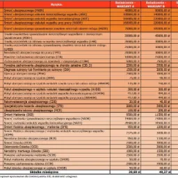 Tabela porównawcza ofert ubezpieczeń grupowych, prezentująca warianty A, B i C z różnymi świadczeniami i kwotami odszkodowań dla ryzyk związanych z życiem, zdrowiem i rodziną.