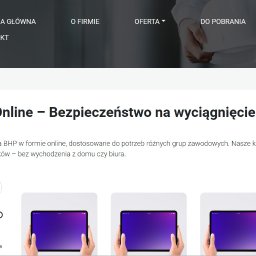 Patrol Kompleksowe Usługi BHP, PPOŻ, HACCP, - Strona internetowa z ofertą szkoleń BHP online, z filtrem cenowym i wizualizacją kursów na tabletach trzymanych w dłoniach. Logo firmy w lewym górnym rogu.