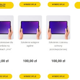 Patrol Kompleksowe Usługi BHP, PPOŻ, HACCP, - Oferta szkoleń BHP online: okresowe, wstępne i z zakresu ochrony przeciwpożarowej. Tablet z fioletowym ekranem trzymany w dłoniach, cena 100 zł.