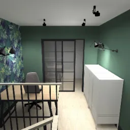 Wizualizacja biura z zielonymi ścianami, wzorzystą tapetą w liście, biurkiem z metalową podstawą i krzesłem biurowym, oświetlonego lampami ściennymi i sufitowymi.