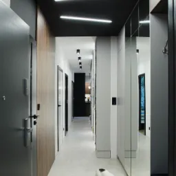 Nowoczesny przedpokój w Łodzi z białymi płytkami podłogowymi, czarnym sufitem z podłużnymi lampami LED, lustrem na ścianie i białym kotem z czarnymi łatami.