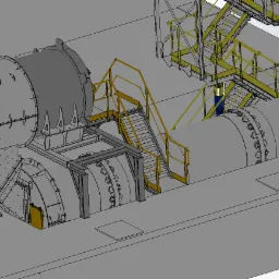 Model 3D instalacji przemysłowej z piecem obrotowym, schodami dostępowymi i elementami konstrukcji stalowej, przedstawiony w szaro-żółtej kolorystyce.
