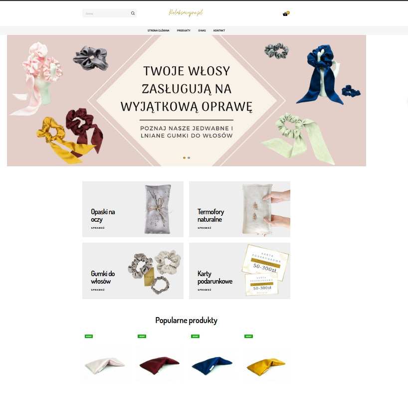 Strona główna sklepu internetowego z jedwabnymi i lnianymi gumkami do włosów, opaskami na oczy, termoforami i kartami podarunkowymi. Baner reklamowy z hasłem: Twoje włosy zasługują na wyjątkową...