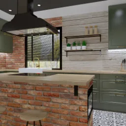 Wizualizacja kuchni w stylu rustykalnym: zielone szafki, ceglana wyspa z drewnianym blatem, czarny okap, drewniana ściana z półkami, wzorzysta podłoga i ekspres do kawy.