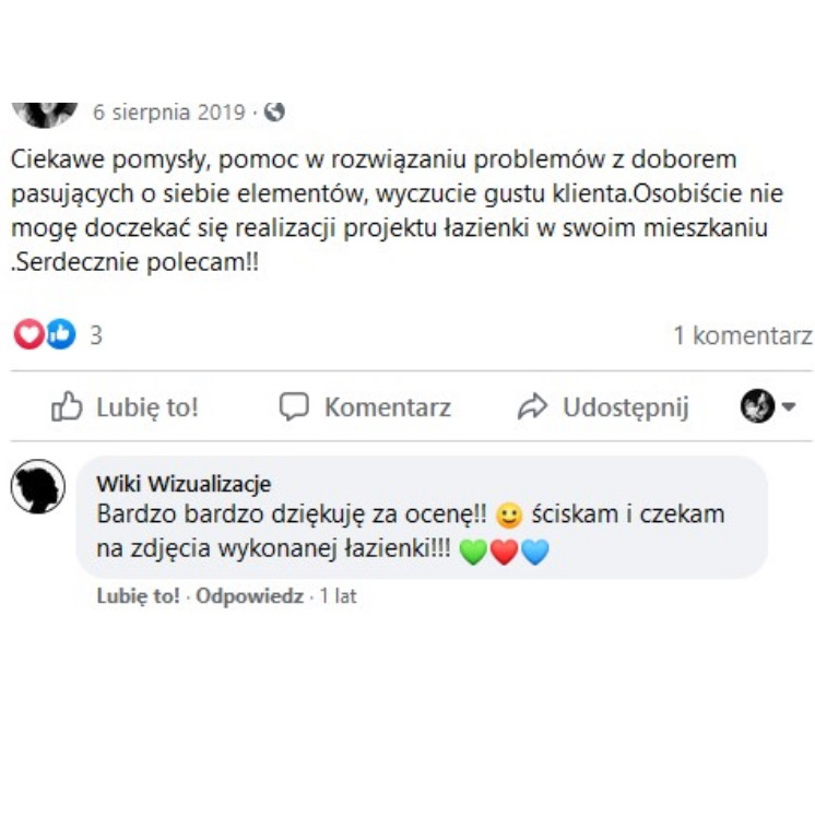 Zrzut ekranu z komentarzem na Facebooku dotyczącym projektu łazienki, z podziękowaniem za ocenę i oczekiwaniem na zdjęcia zrealizowanej łazienki.