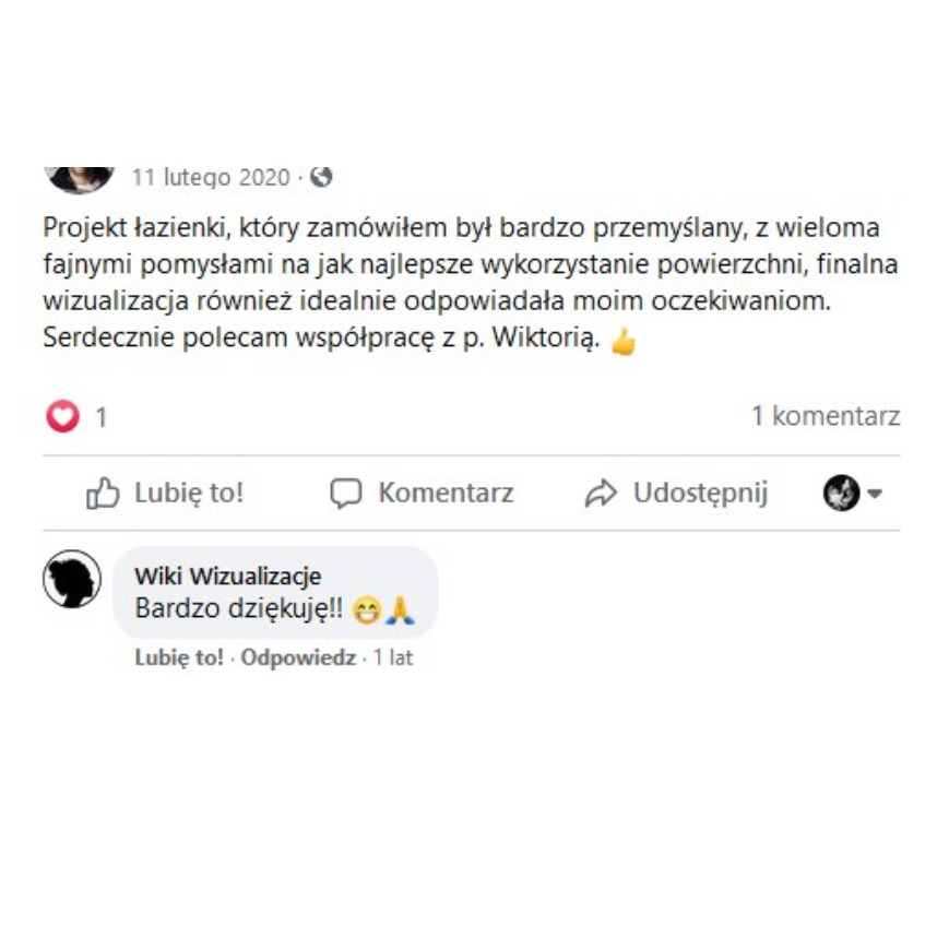 Zrzut ekranu z pozytywną opinią klienta na temat projektu łazienki, z podziękowaniem dla projektantki Wiktorii.