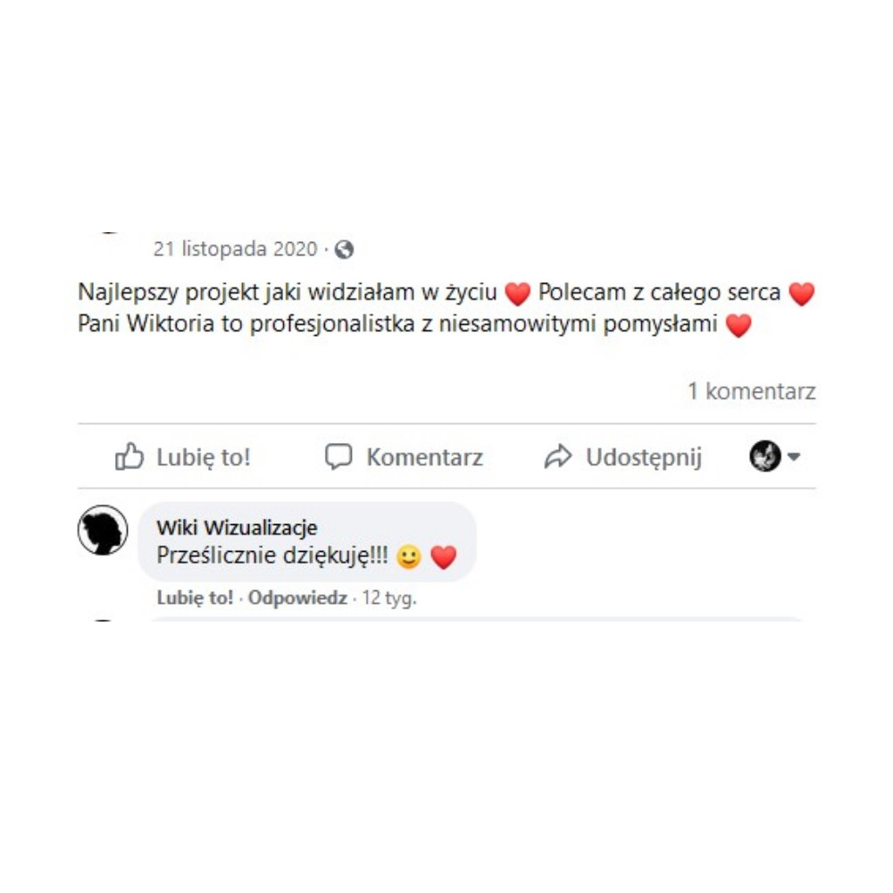 Zrzut ekranu z Facebooka przedstawiający pozytywną opinię o projekcie, z podziękowaniem dla Pani Wiktorii za profesjonalizm i pomysły.