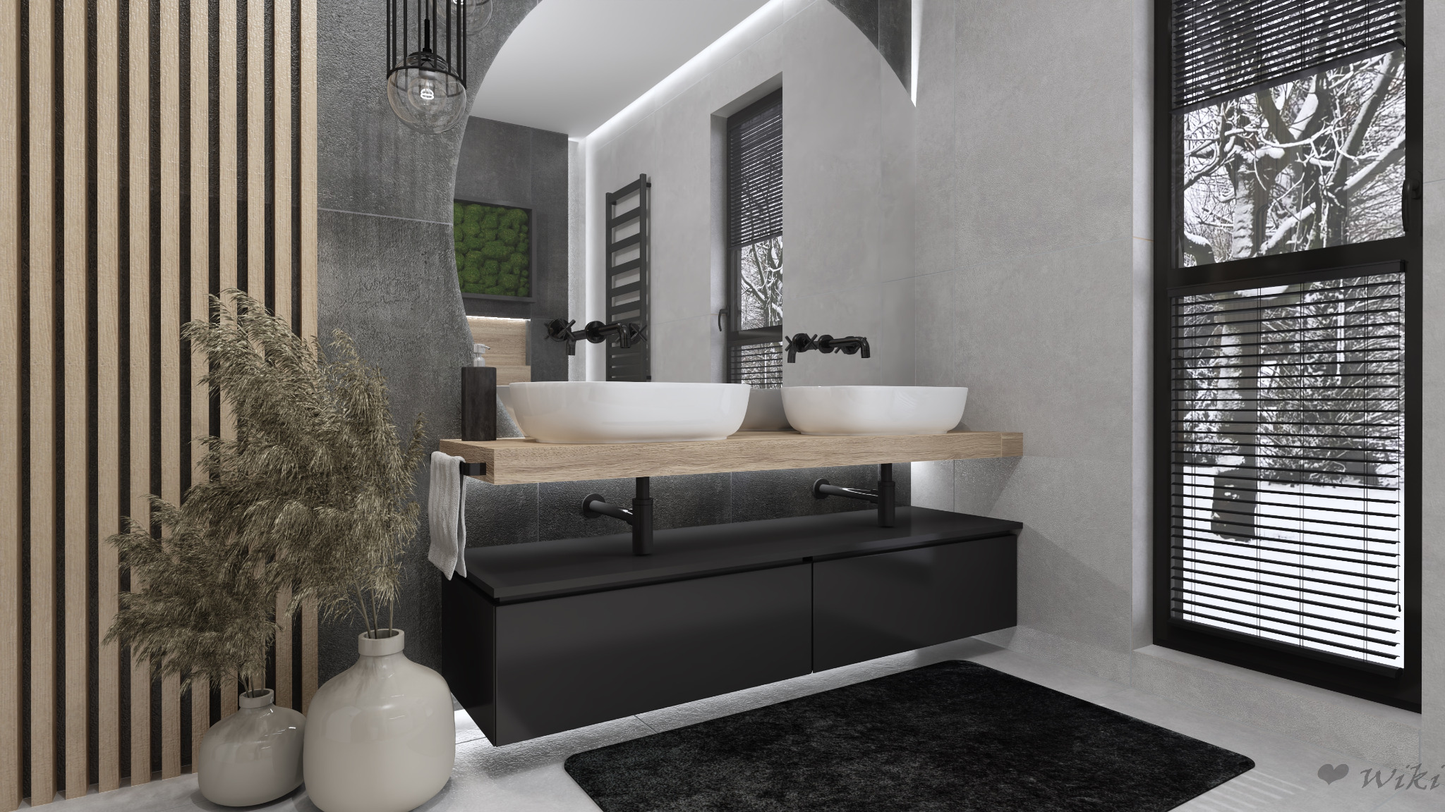 Nowoczesna łazienka z podwójną umywalką nablatową, drewnianym blatem i czarną szafką, widok na zimowy krajobraz przez okno z żaluzjami.