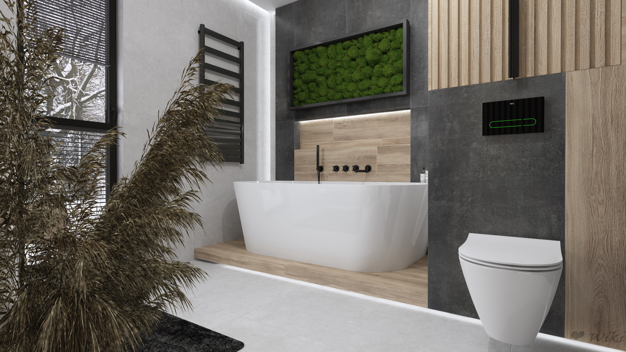 Nowoczesna łazienka z wolnostojącą wanną, wiszącą toaletą, grzejnikiem drabinkowym i panelem z mchu na ścianie, oświetlona listwą LED.