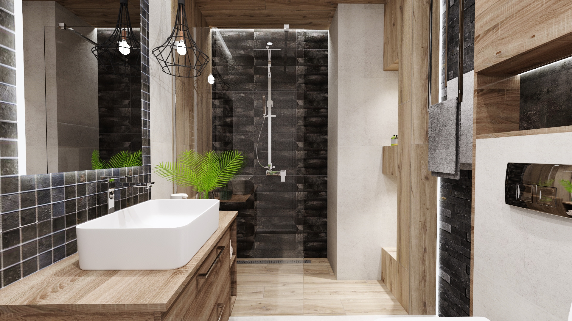Nowoczesna łazienka z drewnianymi akcentami, kabiną prysznicową typu walk-in z ciemną mozaiką i umywalką nablatową na drewnianej szafce, oświetlona ozdobnymi lampami wiszącymi.
