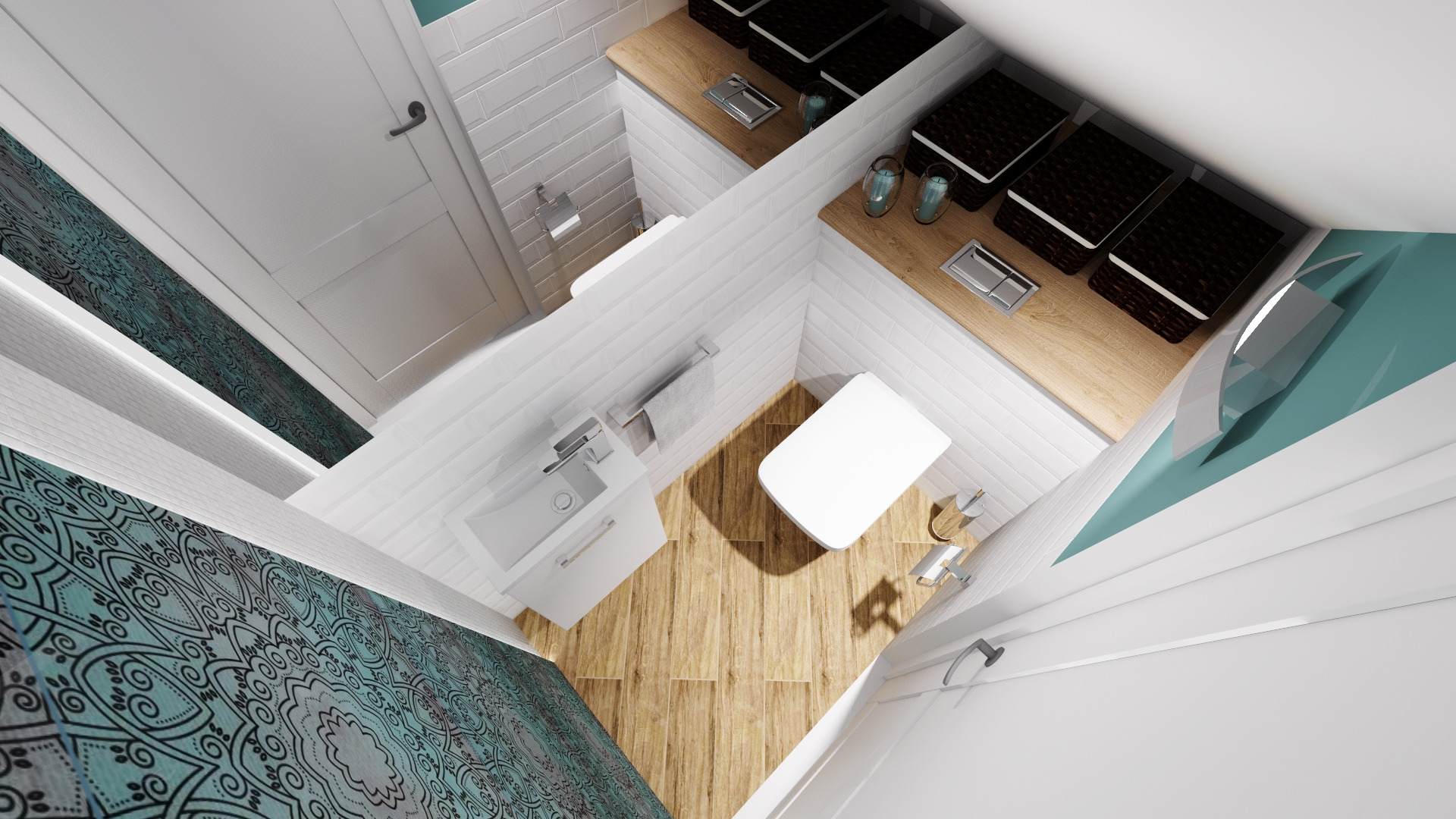 Wizualizacja małej łazienki z drewnianą podłogą i turkusowymi akcentami, widok z góry, prezentująca umywalkę, toaletę i półki z koszami.