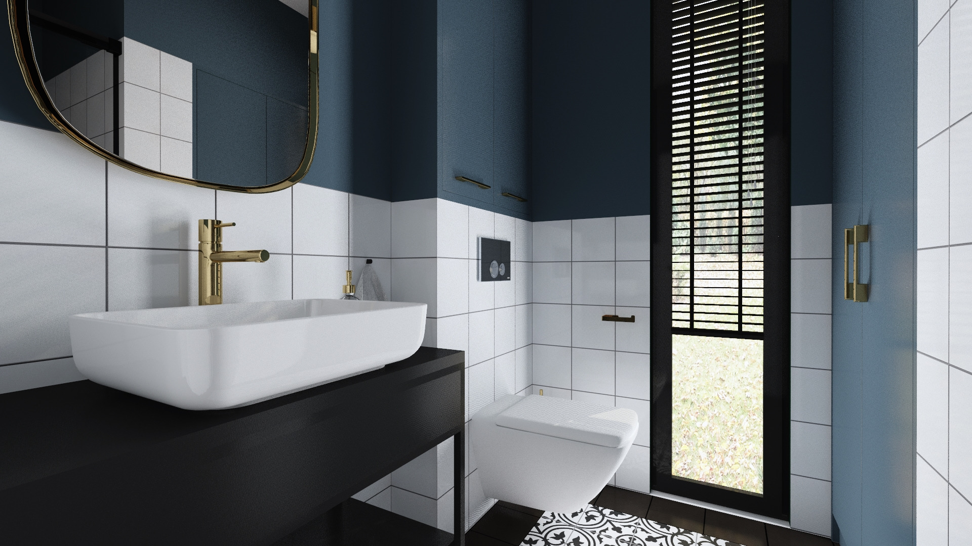 Nowoczesna łazienka z białą umywalką nablatową, złotą armaturą, podwieszaną toaletą i czarno-białą podłogą w geometryczny wzór.