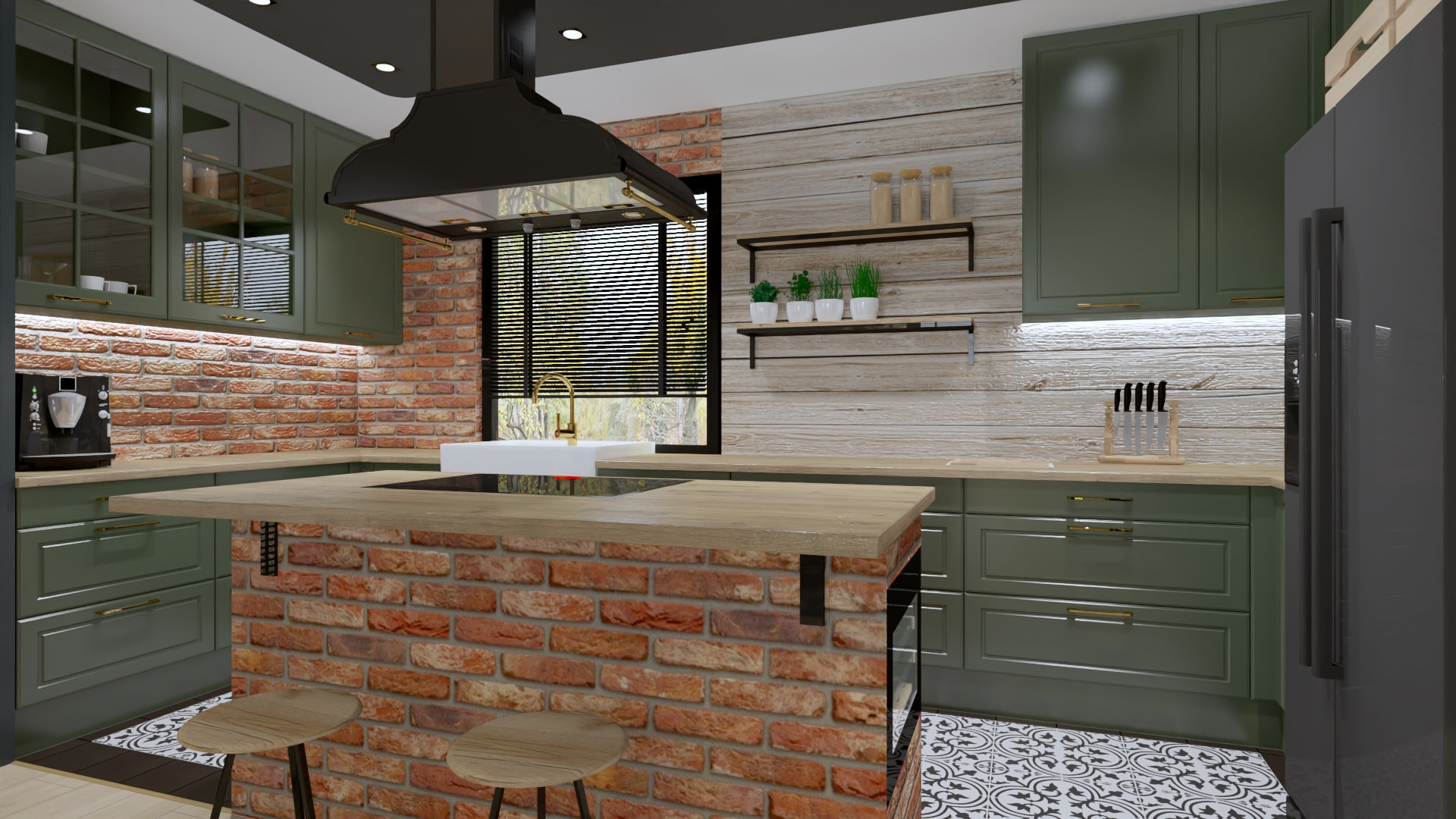 Wizualizacja kuchni w stylu rustykalnym: zielone szafki, ceglana wyspa z drewnianym blatem, czarny okap, drewniana ściana z półkami, wzorzysta podłoga i ekspres do kawy.