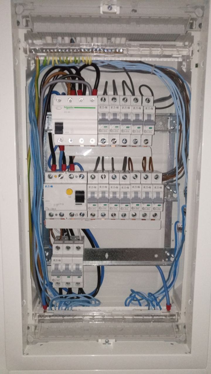 Rozdzielnica elektryczna w obudowie, widoczne bezpieczniki Eaton i Schneider, oraz przewody w kolorze niebieskim, czarnym, brązowym i żółto-zielonym.