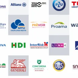 Zestawienie logotypów różnych firm z branży ubezpieczeniowej, w tym Allianz, PZU, Ergo Hestia, Warta, Aviva, Generali i Wiener.