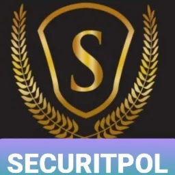 Złote logo z literą S w tarczy otoczonej wieńcem laurowym na czarnym tle, z napisem SECURITPOL na dole.