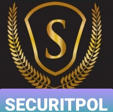Złote logo z literą S w tarczy otoczonej wieńcem laurowym na czarnym tle, z napisem SECURITPOL na dole.