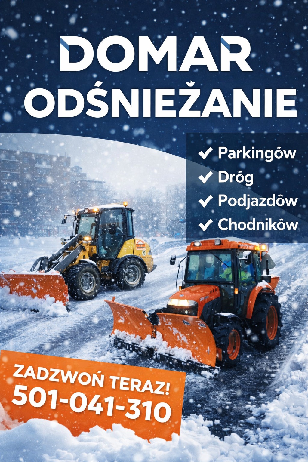 Grafika reklamowa: dwa traktory odśnieżające drogi i parkingi w zimowej scenerii. Na pierwszym planie pomarańczowy traktor, w tle żółty. Kontakt telefoniczny.