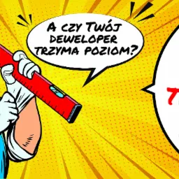 Rysunkowa postać budowlańca w kasku trzymającego poziomicę, z dymkiem zawierającym pytanie o trzymanie poziomu przez dewelopera, obok logo firmy oferującej odbiory techniczne mieszkań.