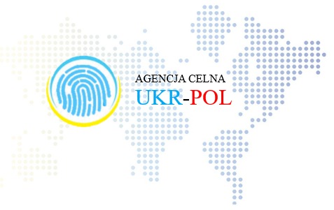 Logo agencji celnej UKR-POL z odciskiem palca w okręgu na tle mapy świata z kropek.