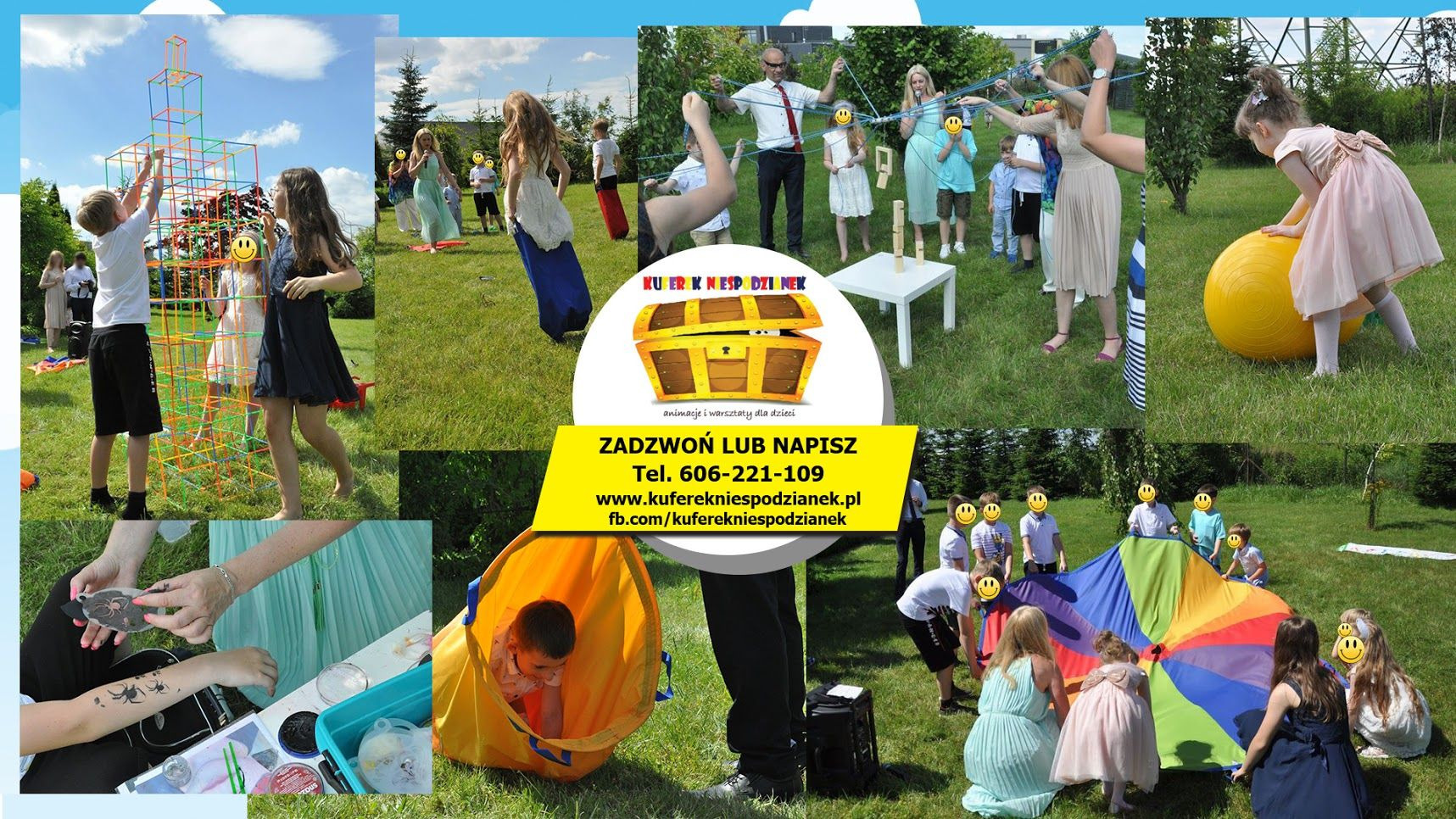 Kolaż zdjęć z imprezy plenerowej dla dzieci: budowanie wieży z kolorowych rurek, zabawy z linami, malowanie tatuaży brokatowych, tunel dla dzieci, zabawa z chustą animacyjną, logo firmy animacyjnej.