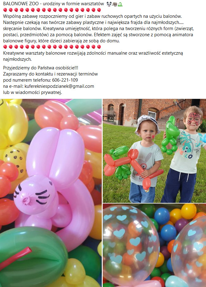 Warsztaty balonowe: różowy balonowy królik, dzieci z balonowymi pieskami i twarzami pomalowanymi w motywy zwierzęce, przezroczyste balony z serduszkami i kulkami w środku.