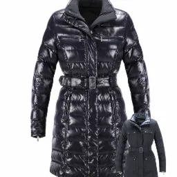 Czarny, błyszczący płaszcz puchowy z paskiem w talii, widoczne detale takie jak zamek, kieszenie i pikowania, obok mniejszy, podobny model.