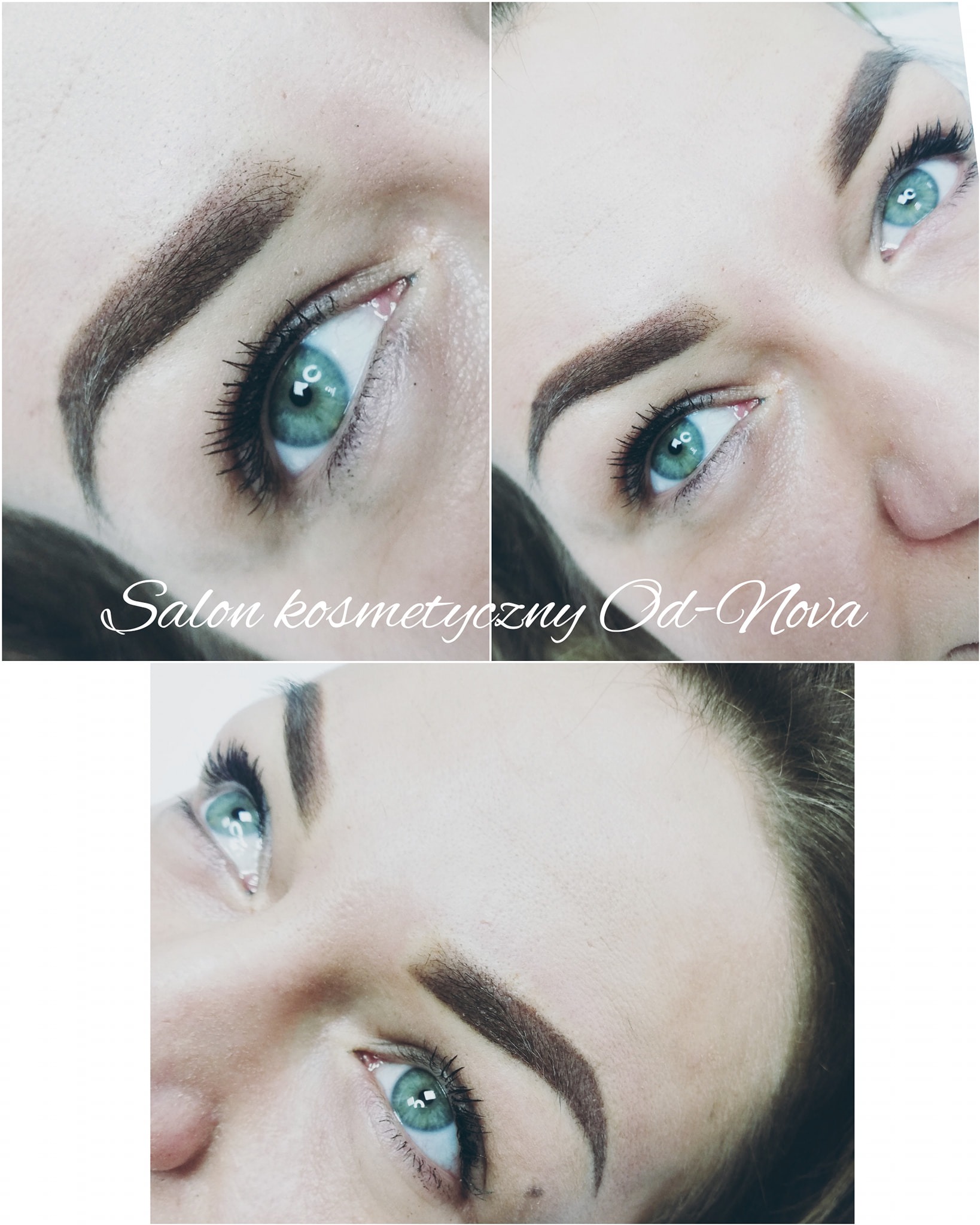 Zbliżenie na twarz kobiety z widocznymi brwiami po zabiegu pigmentacji; widoczne zielone oczy z mocno wytuszowanymi rzęsami.
