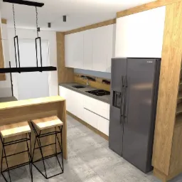 Wizualizacja nowoczesnej kuchni z drewnianymi akcentami, białymi frontami szafek, szarym blatem i wyspą z dwoma hokerami o metalowych nogach. Na ścianie panel z motywem krajobrazu. Nad wyspą...