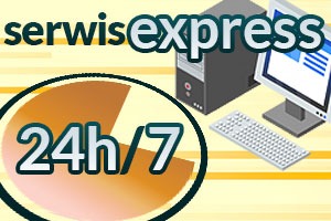Grafika komputerowa przedstawiająca komputer stacjonarny, monitor i klawiaturę na żółtym tle z napisem 'serwis express' oraz logo 24h/7, sugerująca całodobową dostępność serwisu komputerowego.