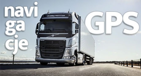 Ciężarówka Volvo Globetrotter z dużym napisem 'Nawigacje GPS' nałożonym na zdjęcie, sugerującym usługi związane z nawigacją w pojazdach ciężarowych.