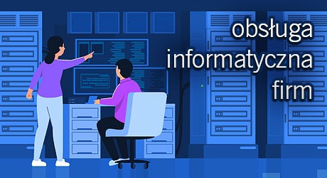 Ilustracja wektorowa przedstawiająca dwóch informatyków w serwerowni. Kobieta w fioletowej bluzce i białych spodniach wskazuje na monitor. Mężczyzna w fioletowej bluzce siedzi na krześle i pracuje...