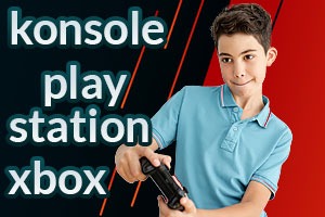Chłopiec trzyma kontroler konsoli do gier w dłoniach. Na pierwszym planie tekst: konsole, play, station, xbox. Tło jest czarno-czerwone.