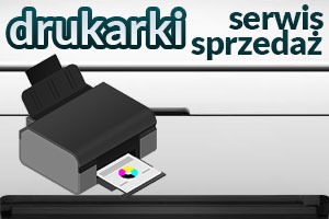 Grafika przedstawiająca drukarkę z napisem 'drukarki serwis sprzedaż' w kolorze zielonym. Drukarka jest czarna, z widoczną kartką z kolorowymi okręgami. Tło jest szaro-białe, przypominające blat...