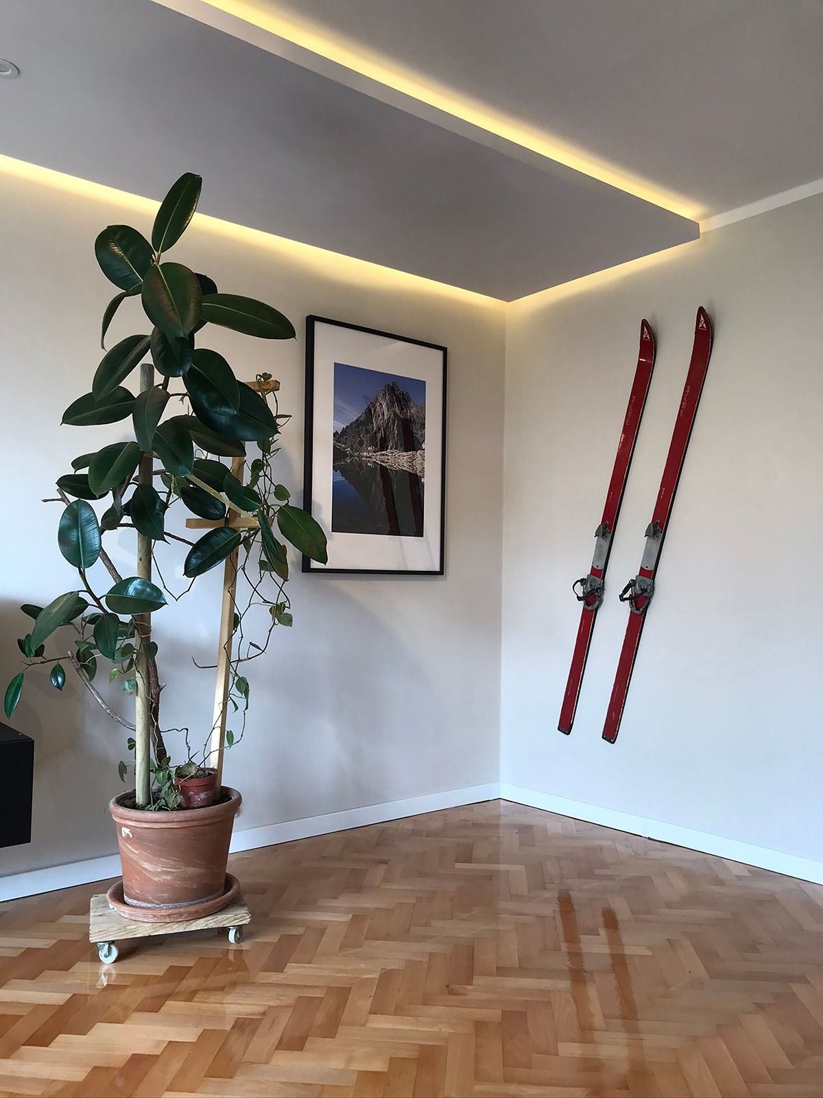 Pokój z parkietem w jodełkę, oświetleniem sufitowym LED, rośliną doniczkową na kółkach, obrazem górskim i zawieszonymi na ścianie czerwonymi nartami retro.