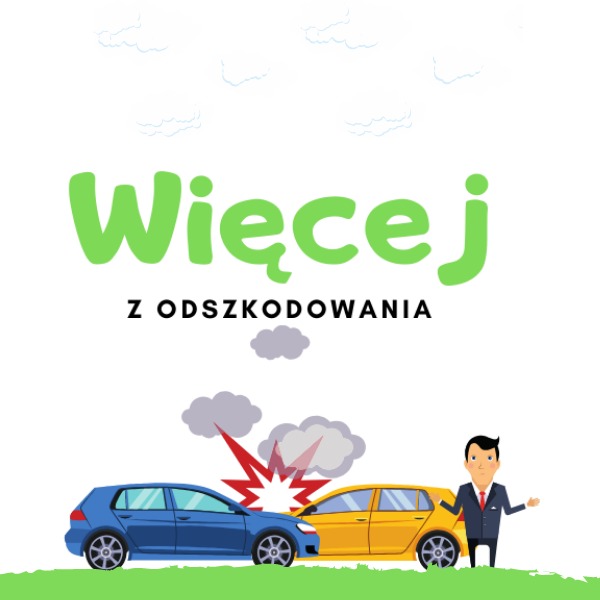 Ilustracja: Kolizja niebieskiego i żółtego auta z napisem 'Więcej z odszkodowania' oraz postacią w garniturze z wyciągniętymi rękami na białym tle.