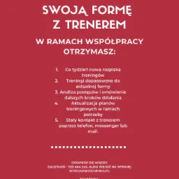 Grafika informacyjna: Zadbanie o formę z trenerem, w ramach współpracy rozpiska treningów, analiza postępów, aktualizacja planów, stały kontakt. Numer telefonu i adres strony internetowej.