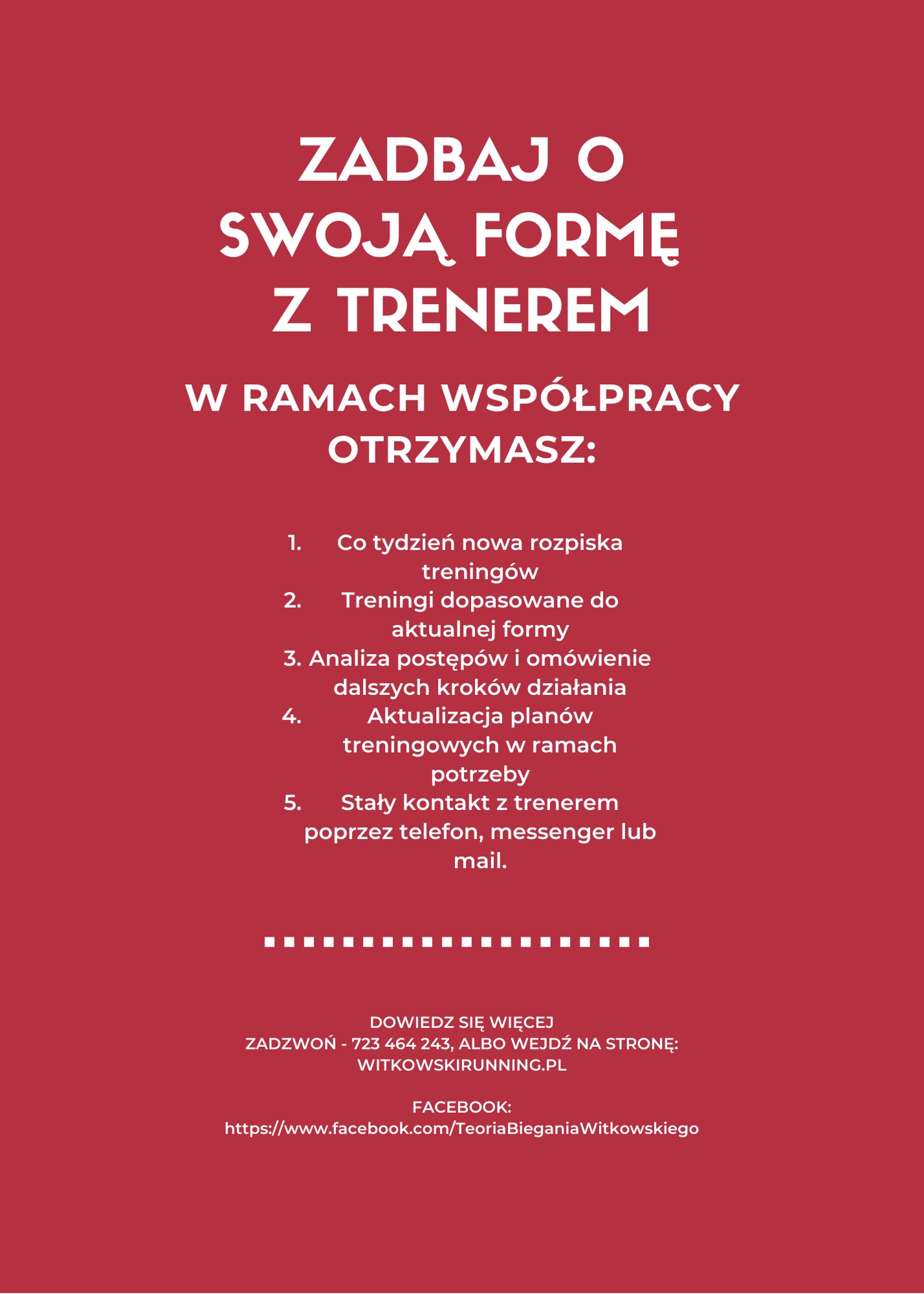 Grafika informacyjna: Zadbanie o formę z trenerem, w ramach współpracy rozpiska treningów, analiza postępów, aktualizacja planów, stały kontakt. Numer telefonu i adres strony internetowej.