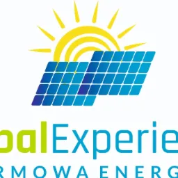 Logo firmy Global Experience z motywem paneli słonecznych i słońca, hasło Darmowa Energia.