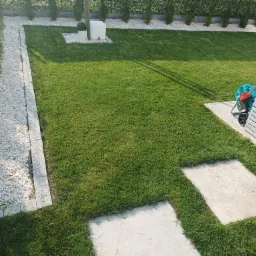 Nasadzenia,ułozenie obrzezy z kostki,trawa z rolki..