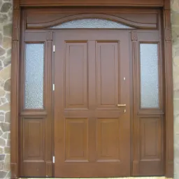 Solidne, dwuskrzydłowe drzwi wejściowe z drewna w kolorze orzechowym, z bocznymi szybami o fakturze lodu i górnym łukowym świetlikiem, osadzone w kamiennej elewacji z dwoma lampami ściennymi.