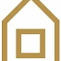 Złoty, minimalistyczny symbol domu z kwadratem w środku, na białym tle. Prosty, geometryczny kształt sugerujący architekturę i mieszkanie.
